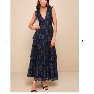 Lulus Molinetto Navy Blue Lace Ruffled Tiered Sleeveless Maxi Dress - Size L